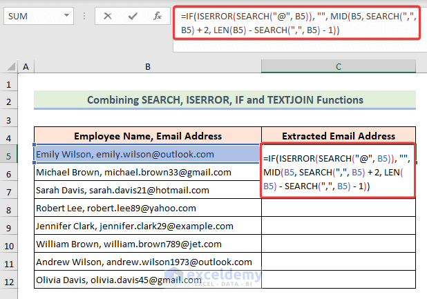 Formula of IF, ISERROR, SEARCH, MID, LEN functions to extract email addresses