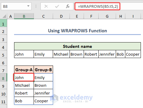 Formula of WRAPROWS function to group data into multiple columns