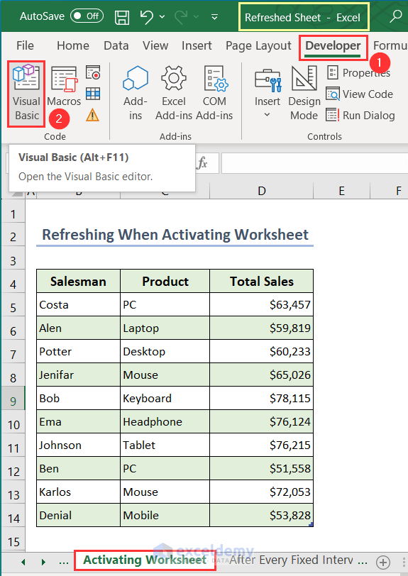 Opening Visual Basic window from Developer tab to use Excel VBA to refresh all data connections