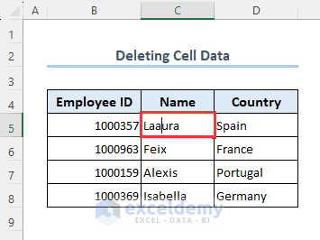 Putting cursor between letters to delete data