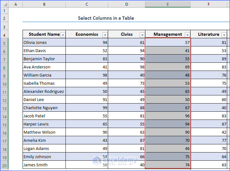 Selecting Column in a Table