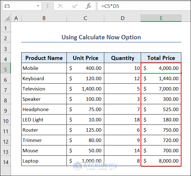 Use Calculate Now Option for Auto Calculation