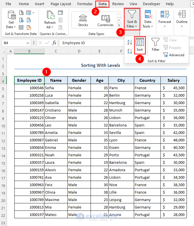 Using sort feature to organize data with levels