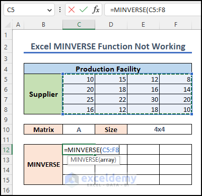 how to use the MINVERSE function in Excel