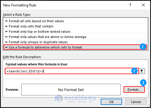New formatting rule dialogue boxes for inserting formulas in excel