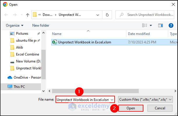 14- selecting file to open to unprotect Excel workbook using google sheets
