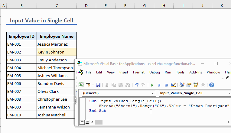 Insert and run code to insert value in a single cell