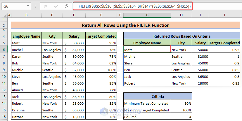 Returned all rows that matched the criteria in Excel using the FILTER function