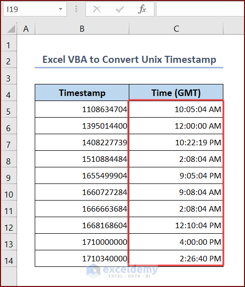 Applying Excel VBA to Convert Unix Timestamp to Time
