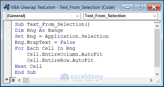 Code to unwrap texts from a selection