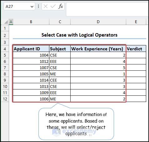 Dataset to Use VBA Select Case and Logical Operator