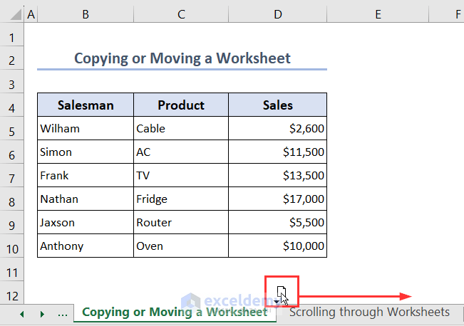 Dragginng worksheet to copy with mouse