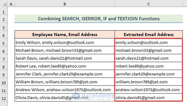 Final output with extracting email addresses using Excel formulas