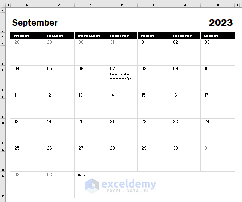 Final result with inserting calendar template in Excel