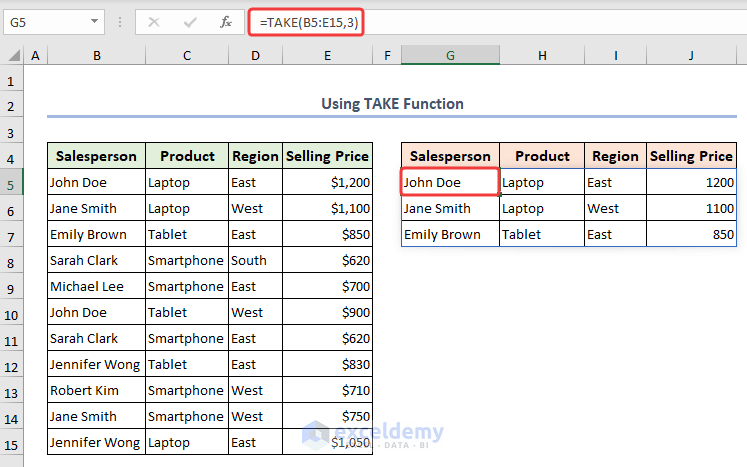 Formula of TAKE function to copy data into a new place