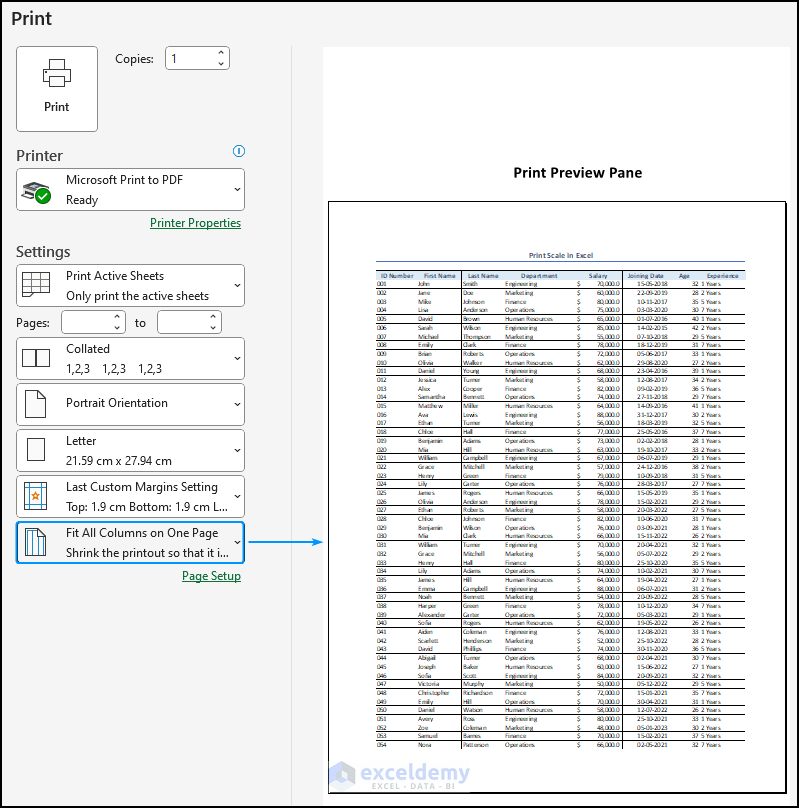 fit all columns in one page and print preview in Excel