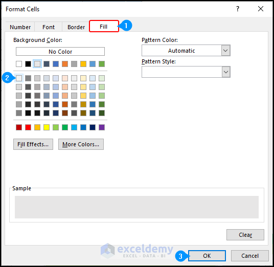 Format cell dialogue box for selecting color fill