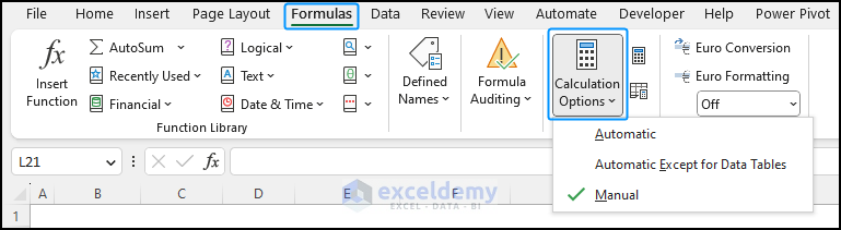 How to select manual calculation mode from the formula tab