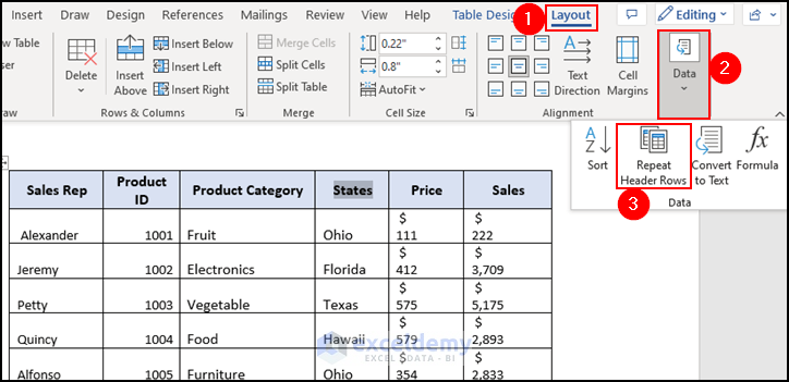 15- selecting repeat header rows from layout tab under data option