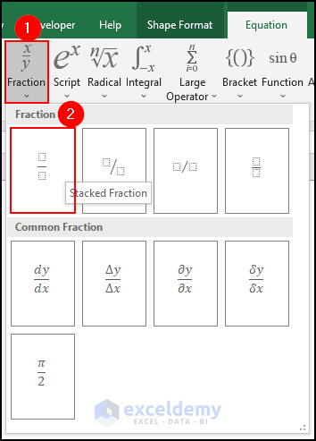 15- selecting the stacked fraction to create a new equation with equation editor