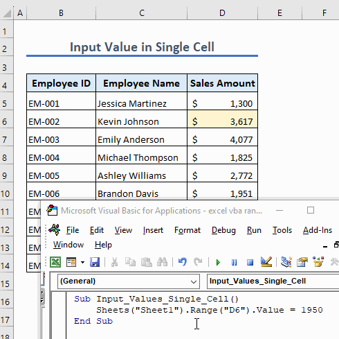 Insert and run code to insert numerical value in a single cell