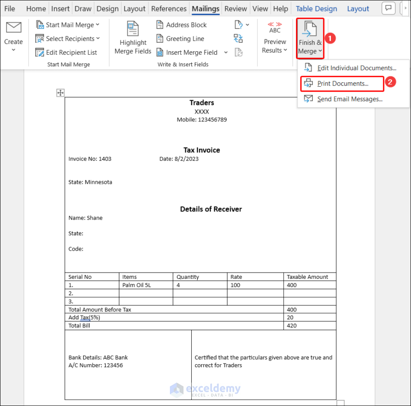 Printing multiple invoices from Excel Spreadsheet