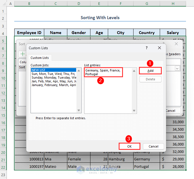 Add custom list in Excel