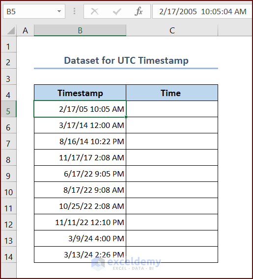 Dataset for UTC Timestamp