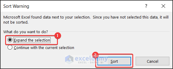 Expand Sort Selection
