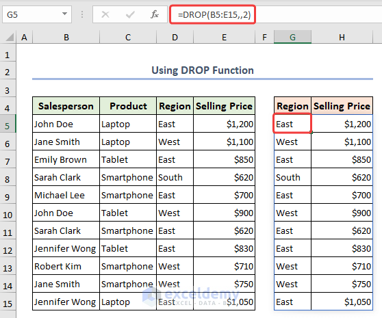 Formula of DROP function to copy columns to a new location