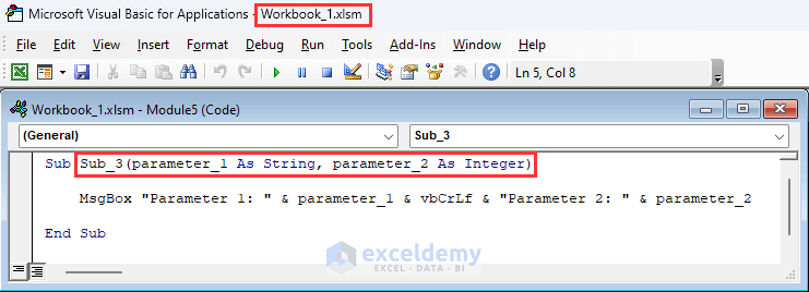 Image showing subroutine with parameters in workbook titled Workbook_1