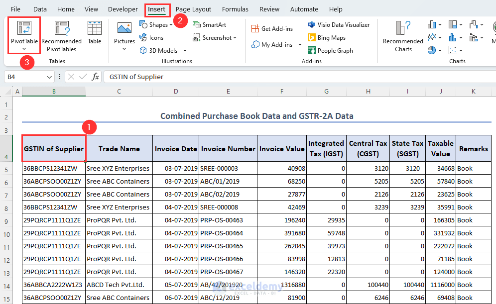 Selecting PivotTable option from Insert menu for inserting a Pivot Table