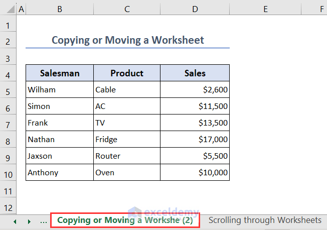 Showing copied worksheet