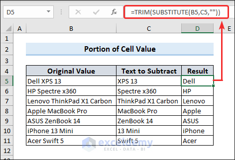 Subtract portion of cell value (case sensitive)