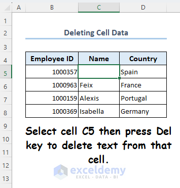 Using Del key to delete existing text from a cell