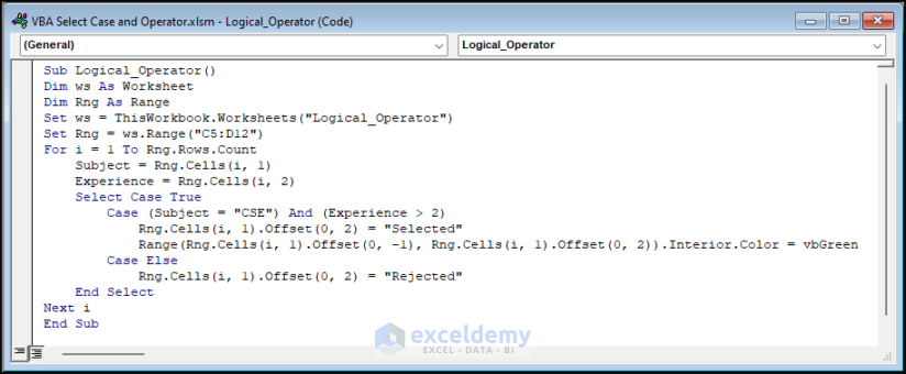 VBA Code with Select Case and Logical Operator