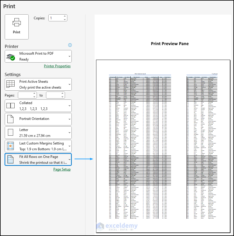 fit all rows in one page and print preview in Excel