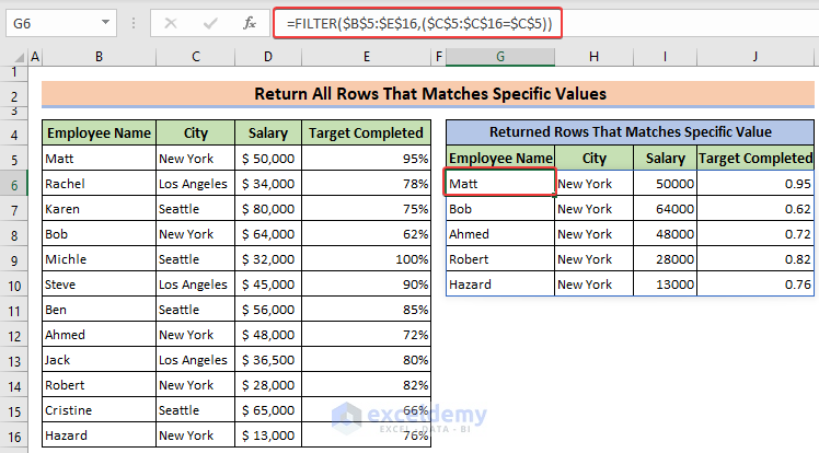 FILTER formula to return all rows that match specific criteria in Excel