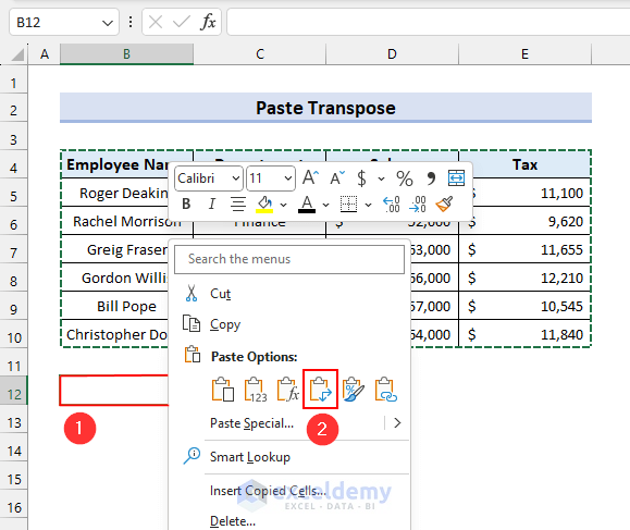 How to Paste as Transpose in Excel