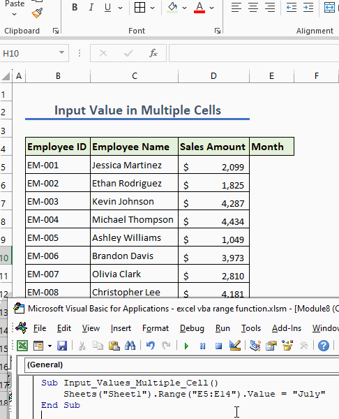 Insert and run code to insert value in multiple cells