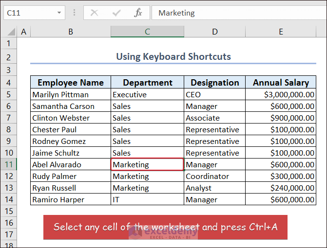 Using Keyboard Shortcuts to Select Row in Excel