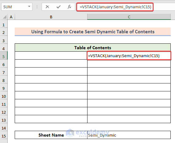 Applying VSTACK formula to insert table of contents