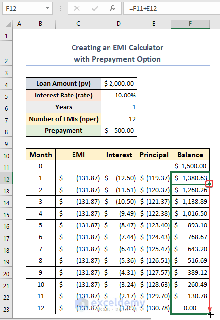 Autofill in column F to create EMI Calculator Excel