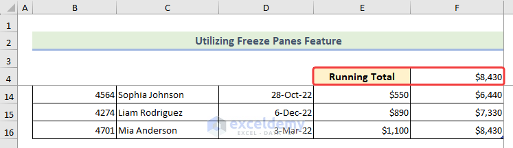 Final output with freezing rows to create floating rows with running total in Excel
