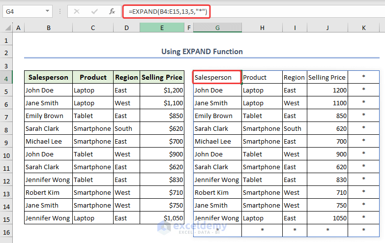 Formula of EXPAND function to expand the whole table row and column-wise