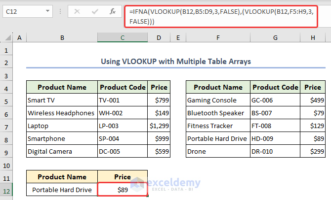 Formula of VLOOKUP function for multiple tables
