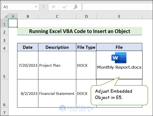 Output of Running Excel VBA code to insert an Object