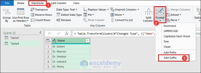 Power Query Editor to add suffix