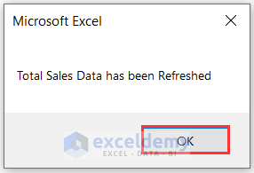 Showing a message showing sales data has been refreshed