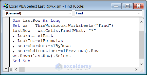 VBA Code with Find Method to select last row in Excel